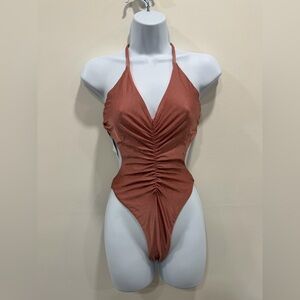 Reina Olga Metallic Rose Halter Plunge One Piece Swimsuit S